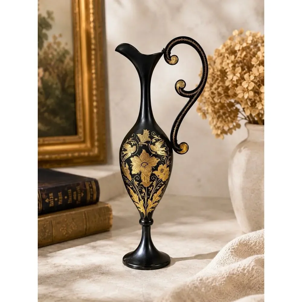 Vintage Black Gold Metal Ewer Vase Hollywood Regency Floral Bird Pitcher 7”